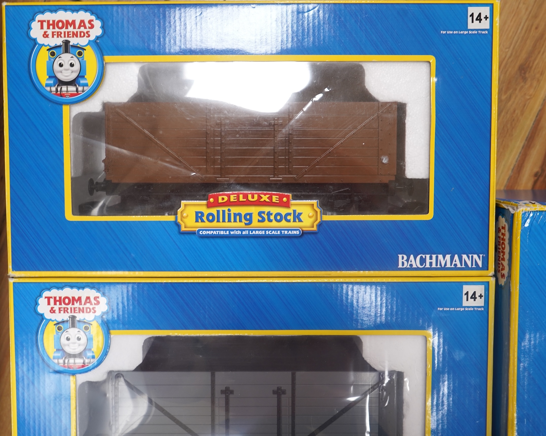 Three boxed Bachmann G gauge (45mm gauge) Thomas the Tank Engine items; Percy the Small Engine (91402), a Cargo Car (98006) and a Troublesome Truck (98001). Condition - good.